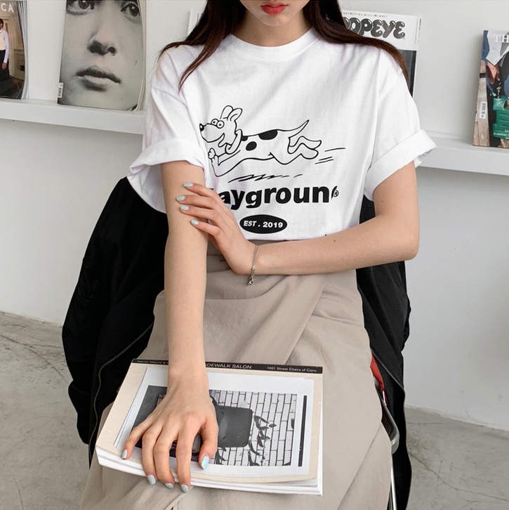 一一的天空家 韩国代购官网正品2019.3.7春可爱小狗字母短袖T恤女
