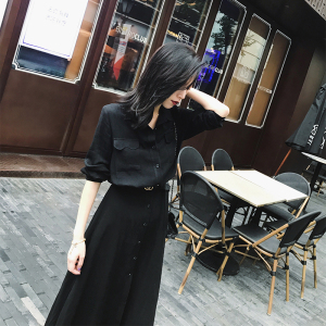 YUMI2017秋冬季新品长袖衬衫连衣裙女中长款收腰显瘦开叉气质长裙杨桃