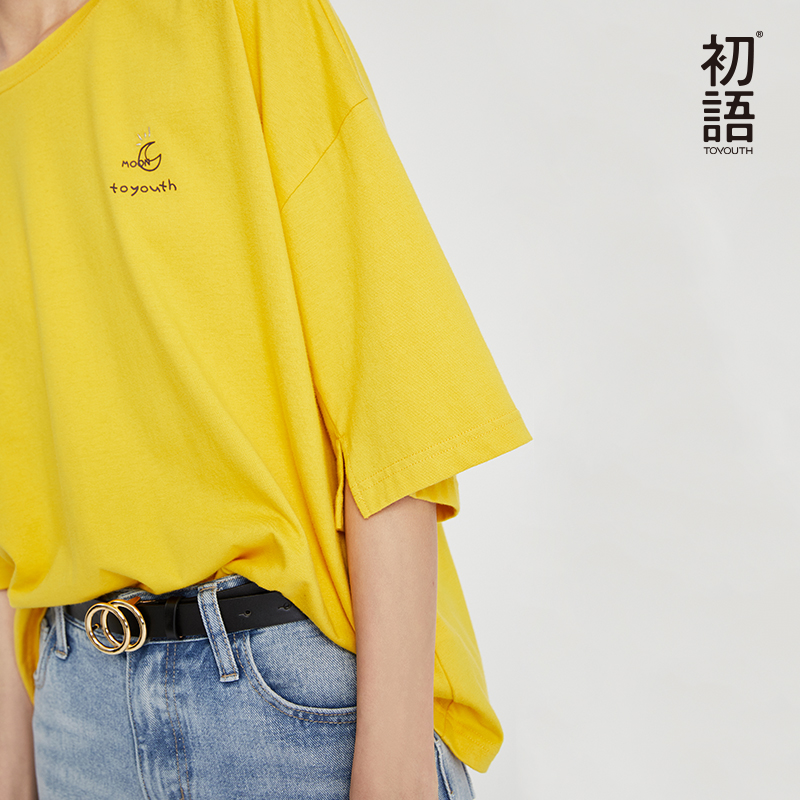 初语2019春装新款黄色半袖韩版宽松大码女装五分袖上衣纯棉T恤潮