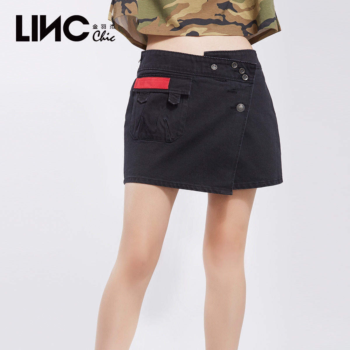 LINC/金羽杰年夏装新款潮流军旅风不对称个性短裙女裙子7111918