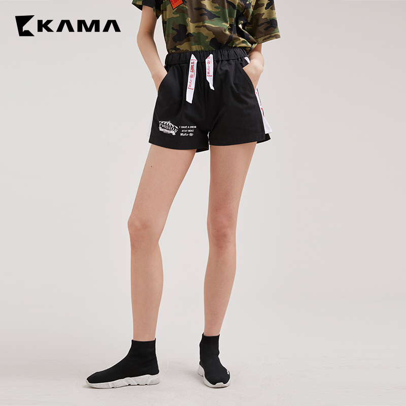 KAMA卡玛夏季新款欧美侧边字母印花松紧腰休闲短裤女7218250