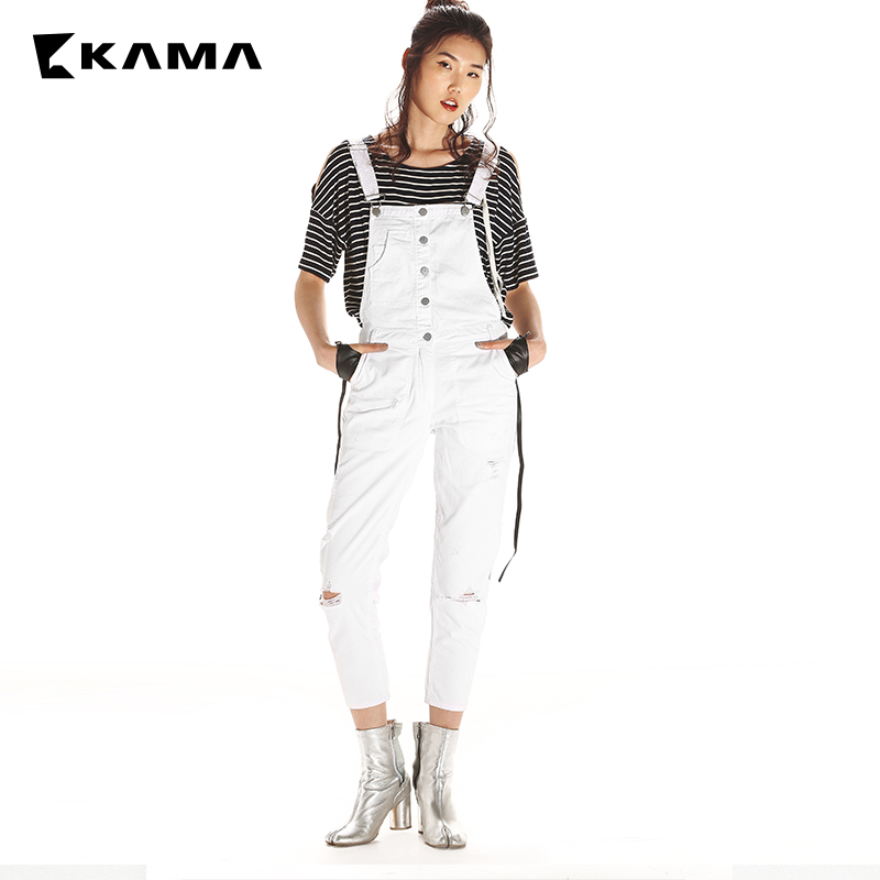 KAMA女装 卡玛牛仔背带裤宽松破洞白色牛仔裤子夏 7217359
