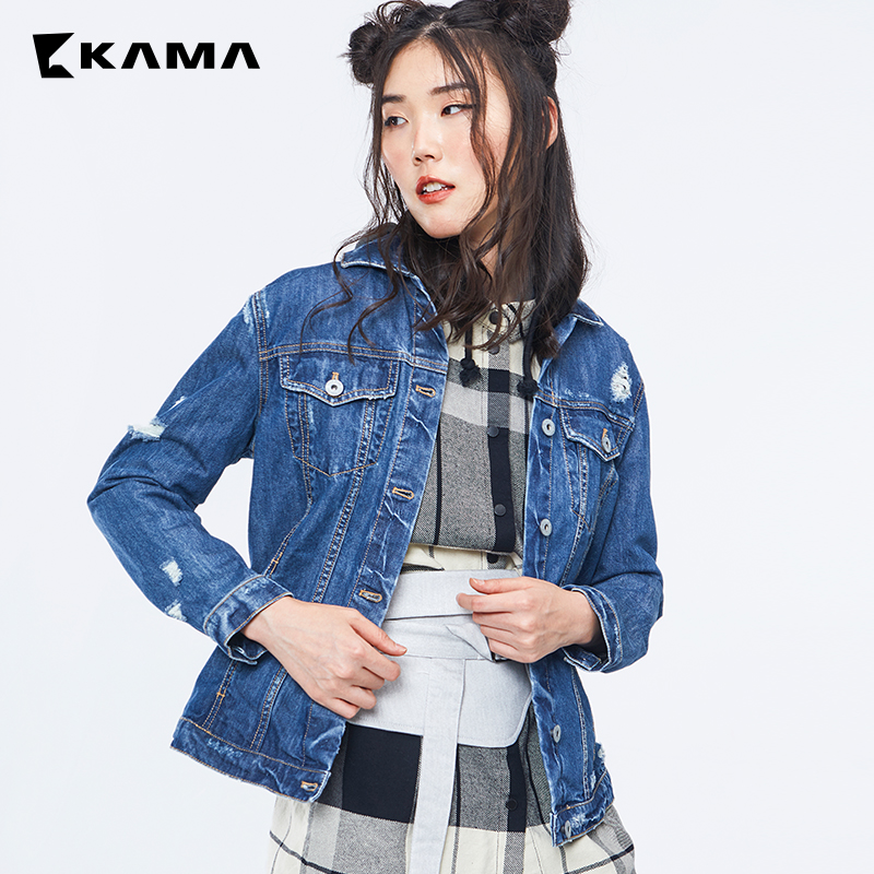KAMA女装 卡玛秋季短款显瘦长袖破洞水洗牛仔外套上衣服装7317757