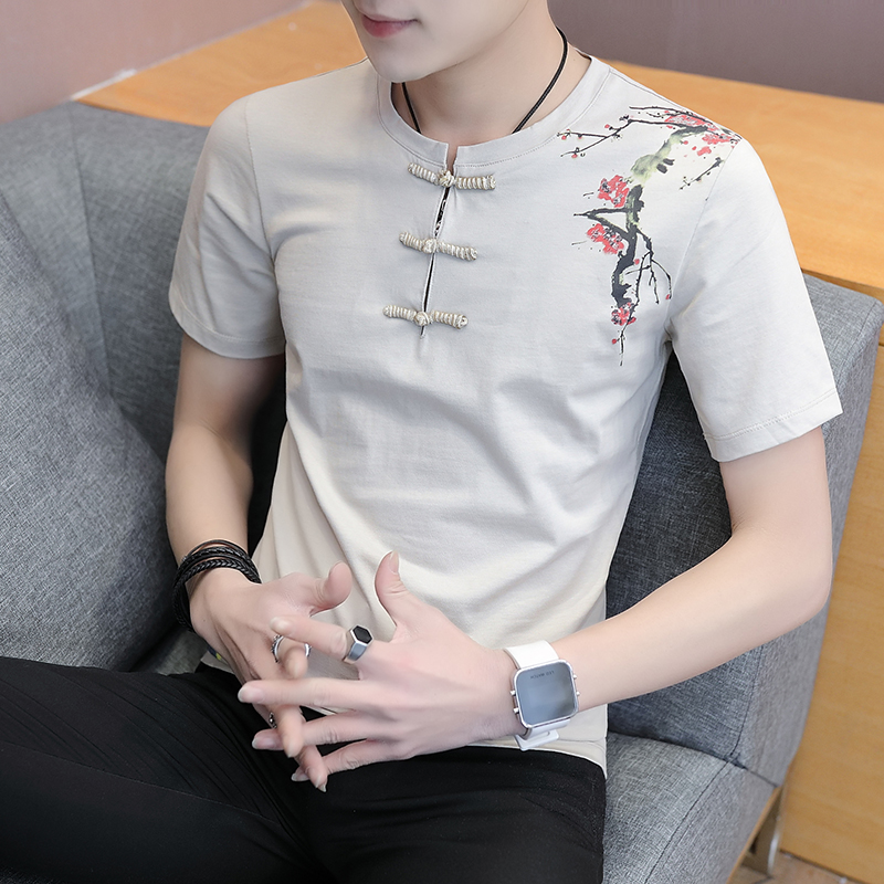 中国风短袖男t恤2019夏季半袖盘扣上衣服韩版潮流个性青年V领体恤