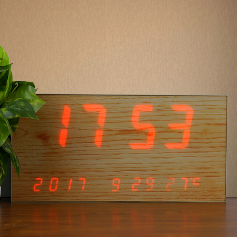 吉邦木纹数字LED万年历电子钟创意客厅静音夜光床头钟挂钟时钟表