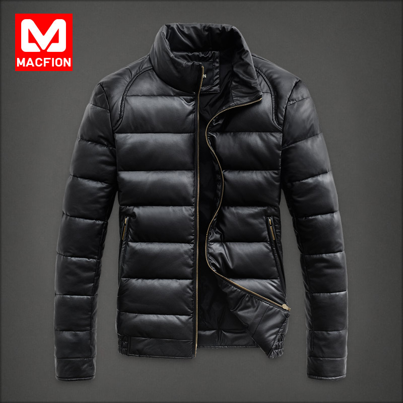 Macfion羽绒服 男士修身短款男装外套加厚pu皮衣2018冬季羽绒夹克