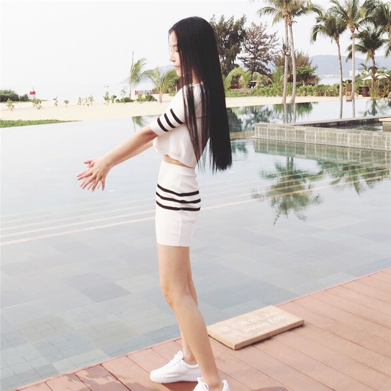 景亦 春夏韩版条纹针织短袖T恤+包臀半身裙连衣裙短裙两件套装女