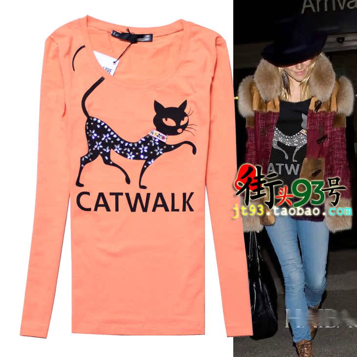 特价欧美街拍春秋新款韩版修身长袖T恤小猫印花女款显瘦打底衫