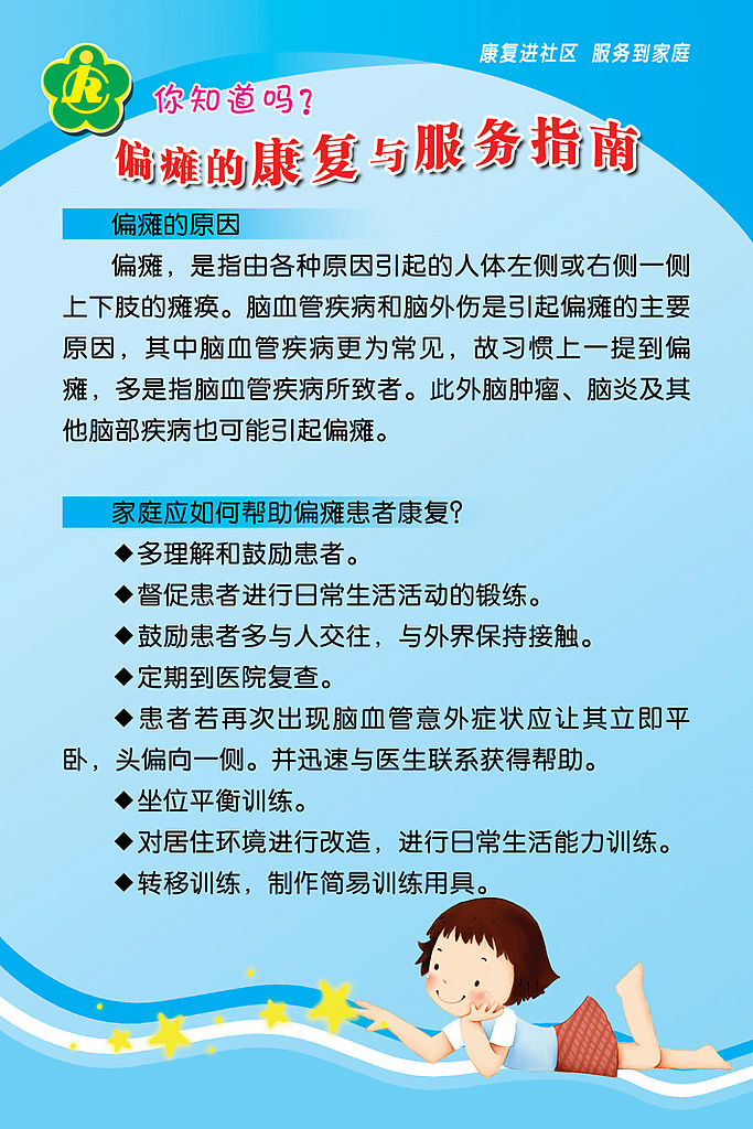 医院理疗护理走廊挂图 健康知识标语 pvc板 偏瘫的康复与服务指南