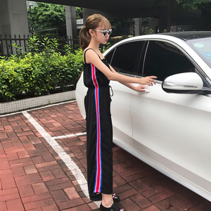 夏装女装韩版条纹吊带连体裤休闲裤宽松显瘦高腰九分裤阔腿裤学生阔腿裤