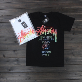 潮牌stussy world tour tee彩虹扎染世界巡游短袖t恤男女嘻哈定制