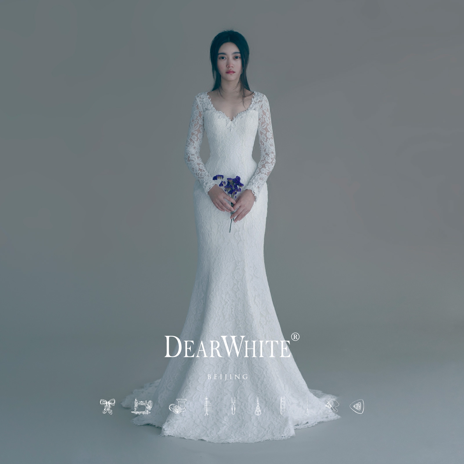 亲爱的白原创正品《仙镜》DearWhite 婚纱长袖钉珠蕾丝鱼尾婚纱