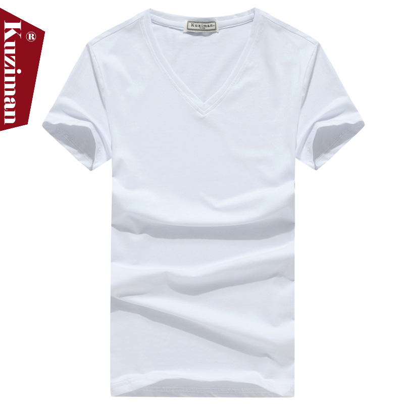 Kuziman男士纯白色v领短袖T恤2018夏装新款韩版修身潮纯色打底衫