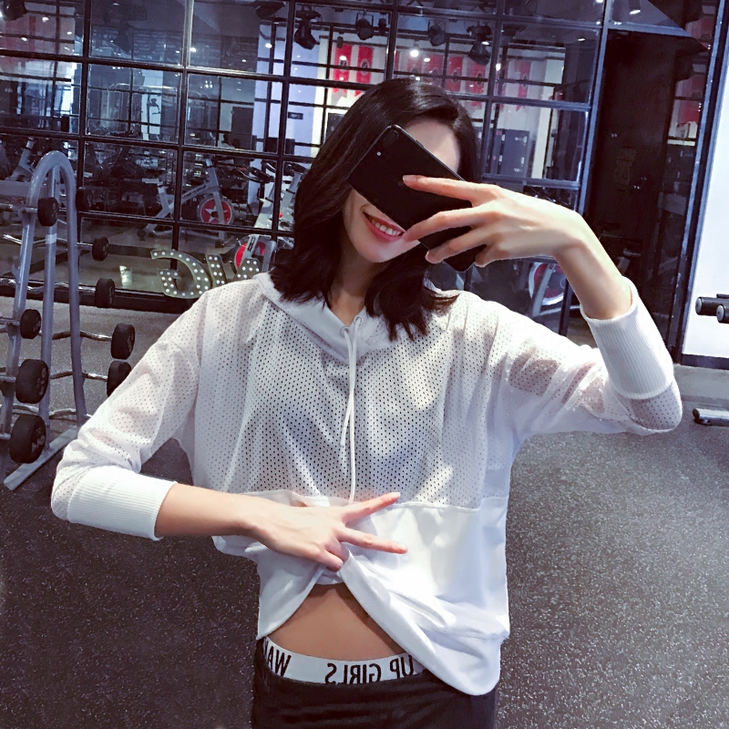 健身房夜跑步瑜伽服女长袖宽松速干上衣运动卫衣连帽外套防晒罩衫健身服