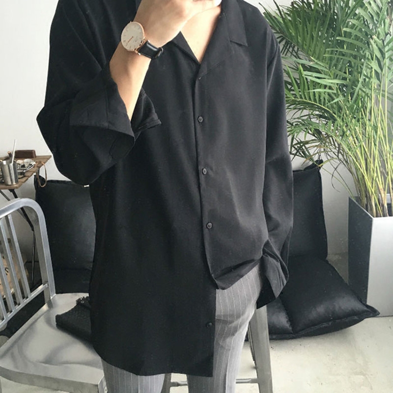 黑色韩版V领丝绸发型师慵懒睡衣风日系纯色衬衣宽松长袖衬衫男潮
