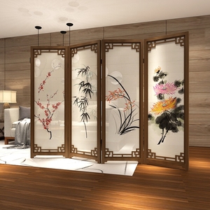 新中式屏风隔断客厅时尚 餐厅卧室布艺折屏可折叠移动 梅兰竹菊