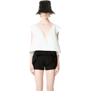 巴黎世b家白色全棉大v领廓形短袖上衣 a字露脐短款t恤celin走秀款