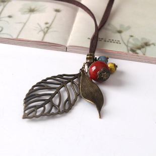 原创手工 复古铜树叶 毛衣链长款项链水洗绒皮绳 森女文艺范