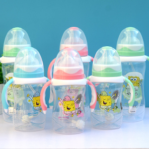 海绵宝宝奶瓶6-18个月婴儿塑料可爱防尘240毫升330毫升细长可爱型