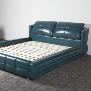 现代简约主卧大双人床1.8米真皮软床油蜡皮蓝色实木框架可定制1.
