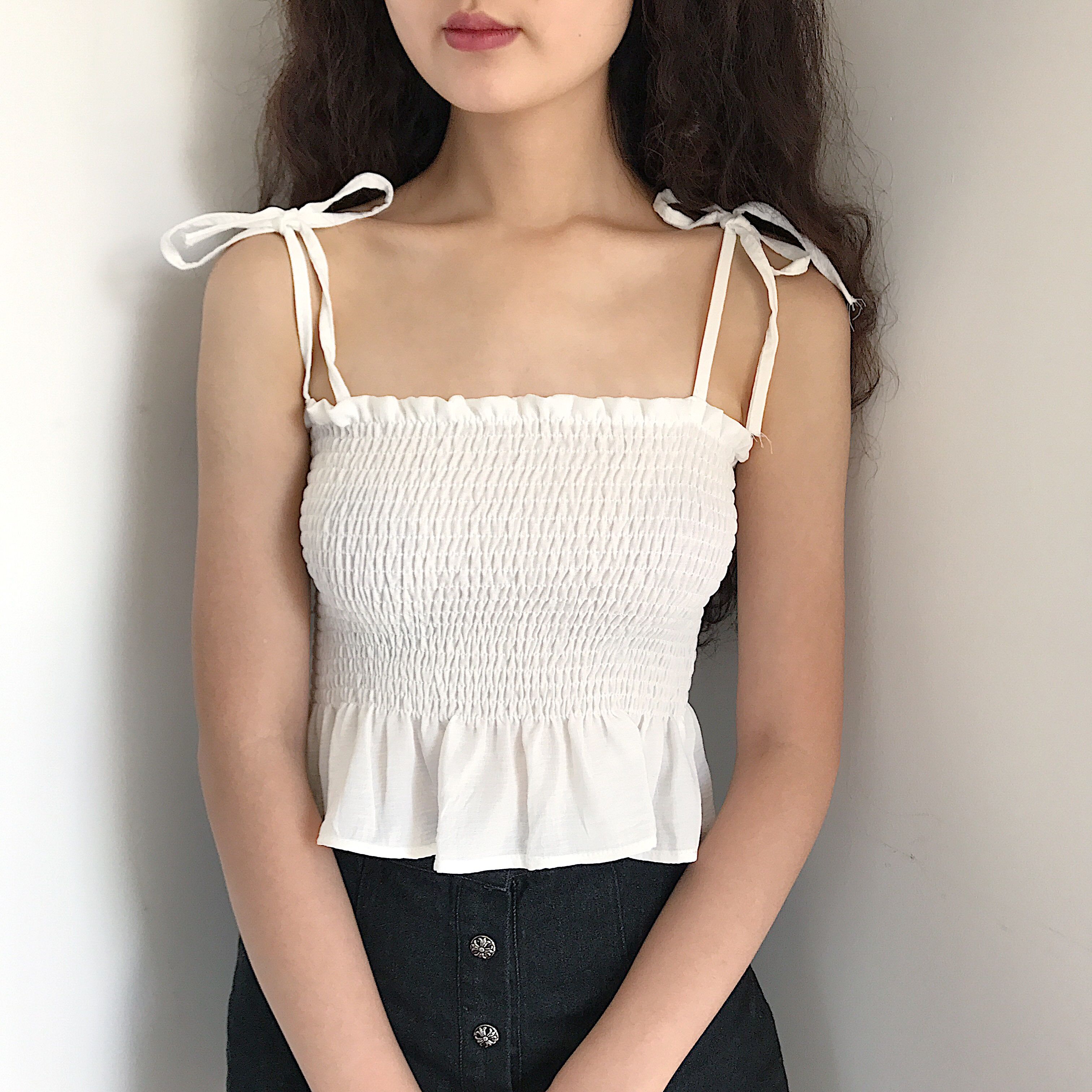 【包邮】全身褶皱弹力荷叶边塑身肩部绑带吊带背心8631