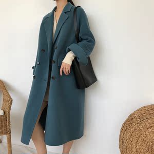 超美的宝石蓝双排扣长款双面羊毛大衣女手工宽松型韩国18秋冬新款