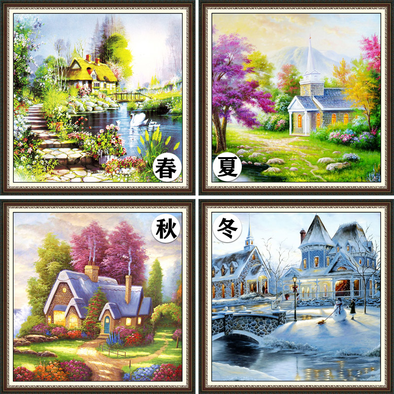 春夏秋冬钻石画满钻客厅四季风景点贴钻十字绣简约现代小幅钻石绣