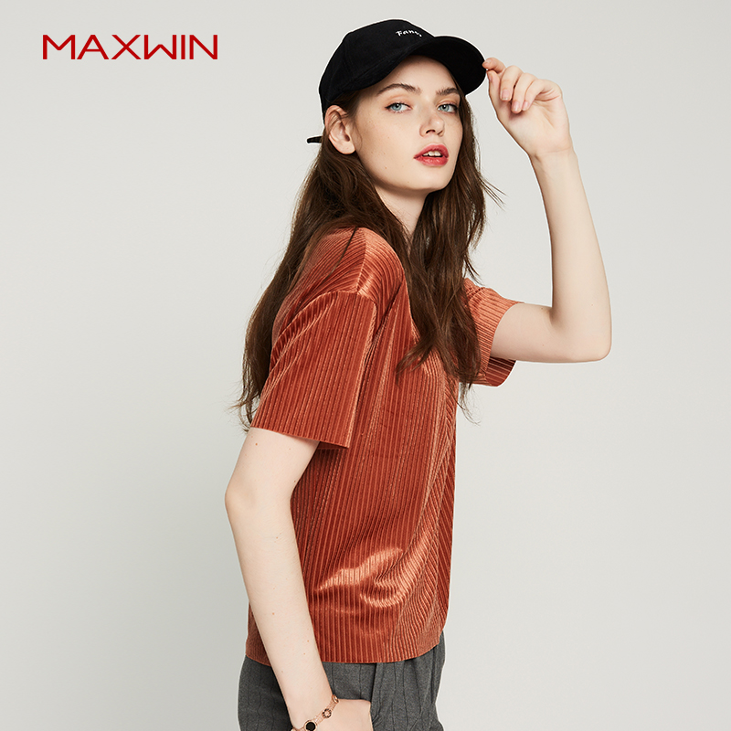 MAXWIN春夏新款女式短袖T恤高光纯色五分袖修身百搭休闲女上衣