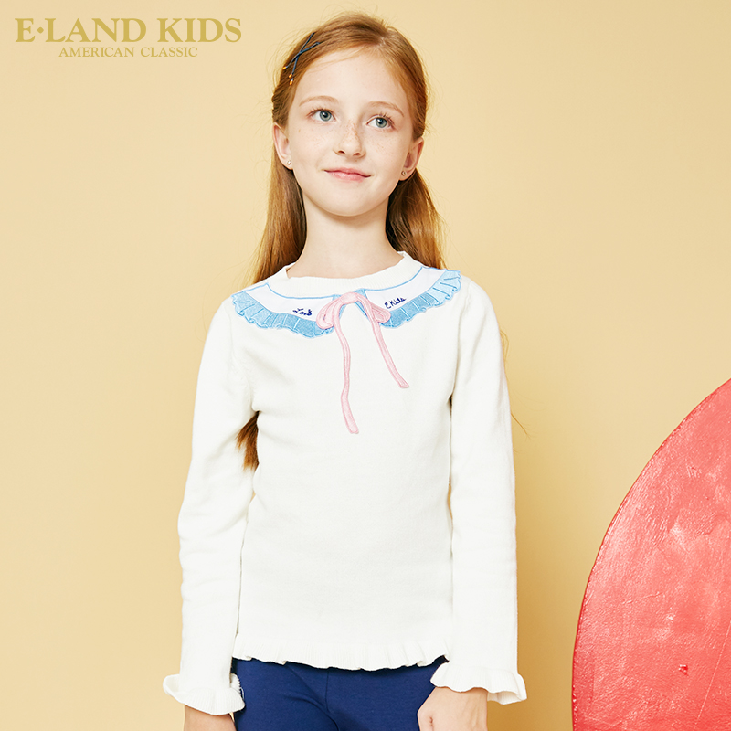 elandkids衣恋童装2019年春季新品女童圆领刺绣撞色甜美针织衫