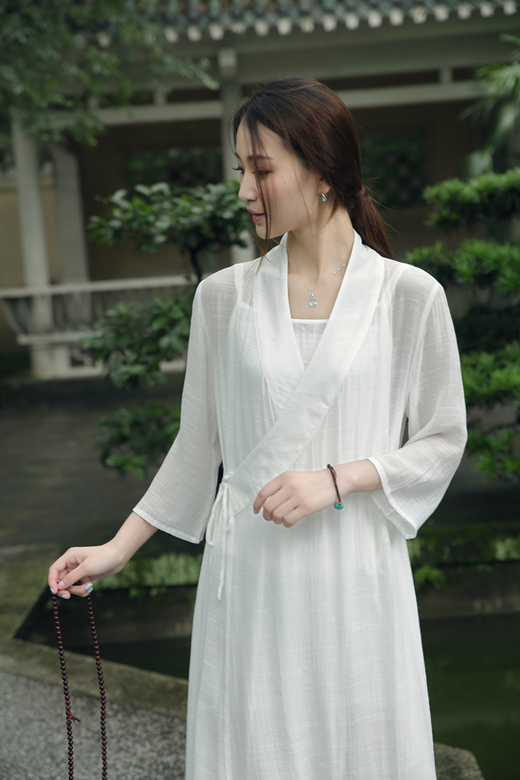 仙女白复古中式改良宽松棉麻汉服斜襟长袍子禅意茶人服女夏连衣裙