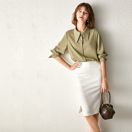 大尖领衬衫女中长款雪纺长袖衬衣