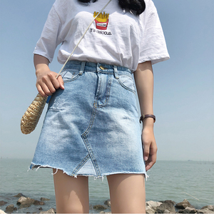 2018夏季新款chic个性拼接牛仔短裙高腰不规则毛边学生半身裙女潮