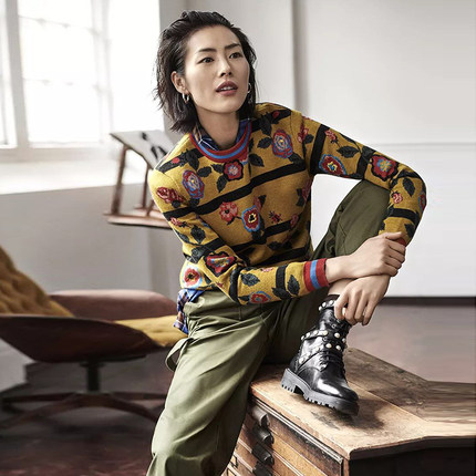 刘雯明星同款地素大使套头刺绣条纹羊毛针织衫女长袖毛衣2f3e453