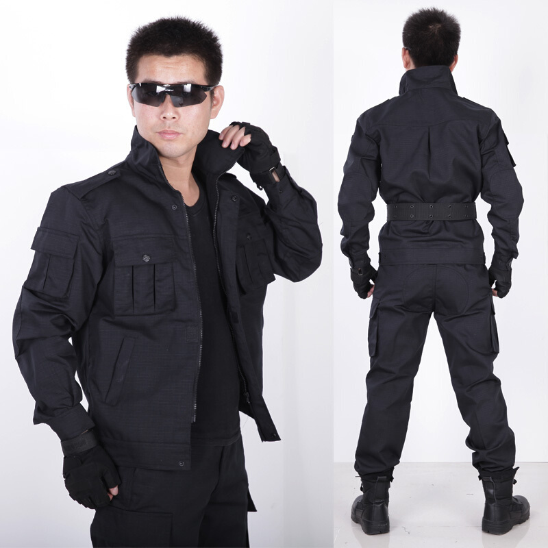 君剑黑色迷彩保安作训服套装男特种兵作战训练服多口袋安保工作服