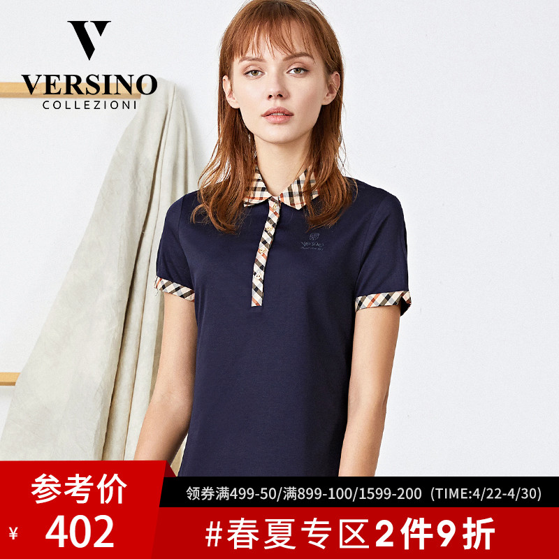 versino/梵思诺2019新款女装夏装短袖T恤翻领刺绣修身百搭POLO衫