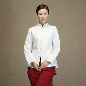 原创中式唐装女士复古中山装长袖上衣棉麻短马褂开衫外套旗袍上衣