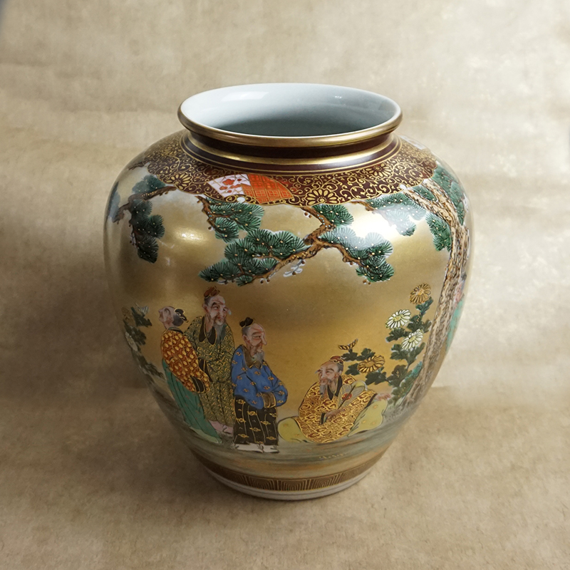 现货日本海淘九谷烧锦山窑人间国宝吉田美统作手绘松下贤人花器藏