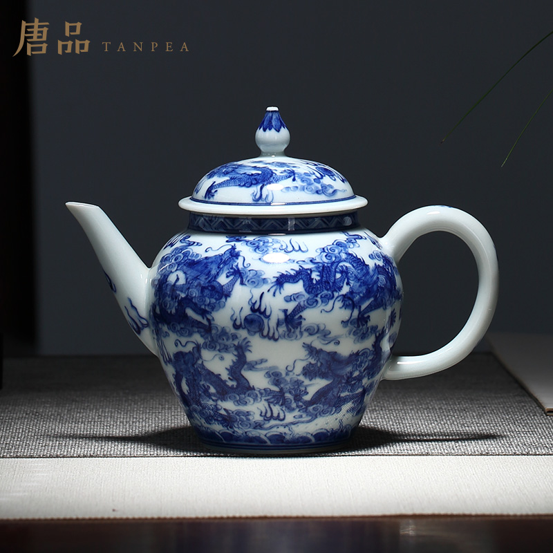 唐品柴窑烧青花茶壶手工九龙纹仿古泡茶壶景德镇陶瓷功夫茶具单壶