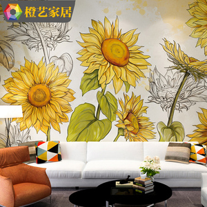 现代 电视墙背景墙 沙发壁纸无缝墙纸大型壁画向日葵的春天$