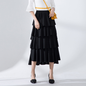 黑色 span class=h>蛋糕裙 /span>半身裙女中长款荷叶边四层大摆长裙