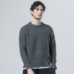 冬季极简纯色粗线加厚男士休闲圆领套头 span class=h>毛衣 /span>
