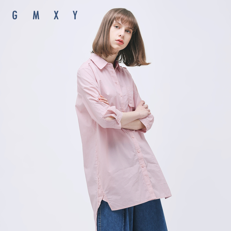 古木夕羊/GMXY2018夏女装新品小清新纯棉H型中长衬衫粉红色新款潮