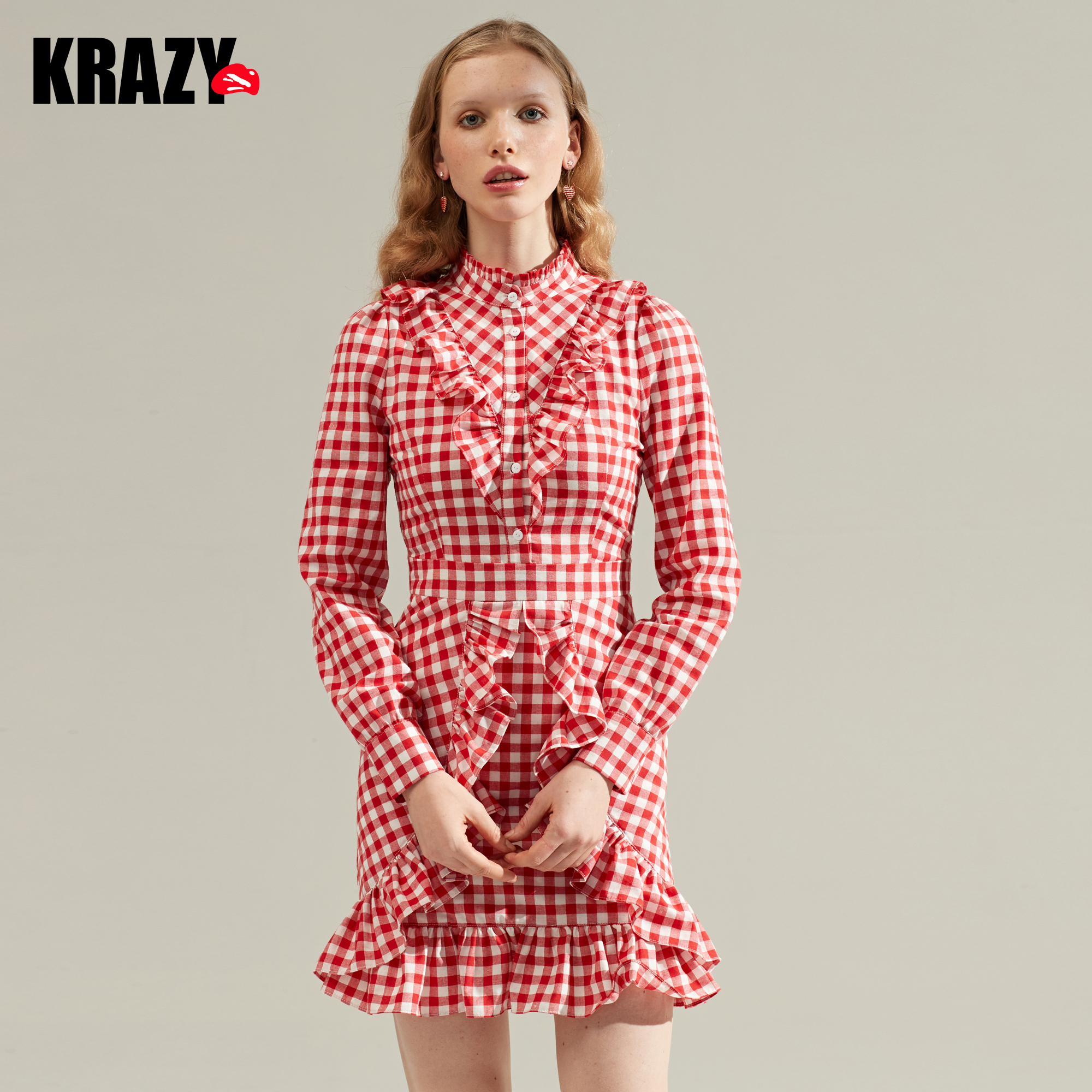 Krazy19早春新款 复古烂漫木耳荷叶边收腰修身红白格子衬衫连衣裙