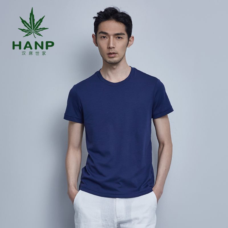 Hanp/汉麻世家藏青色休闲T恤男士圆领百搭体恤纯棉男t