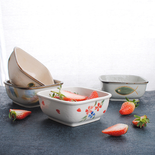 田川町日本进口陶瓷四方手绘 家用日式搪瓷方碗个性釉下彩米饭餐