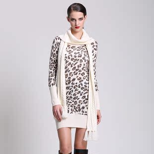 阿意蒂redolent女装韩版打底毛衣裙豹纹长袖堆堆领印花针织连衣裙