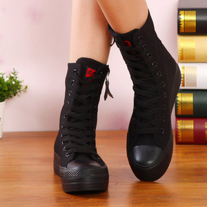 纯黑色女生长筒高帮平底 span class=h>帆布鞋 /span> 女 韩版高筒