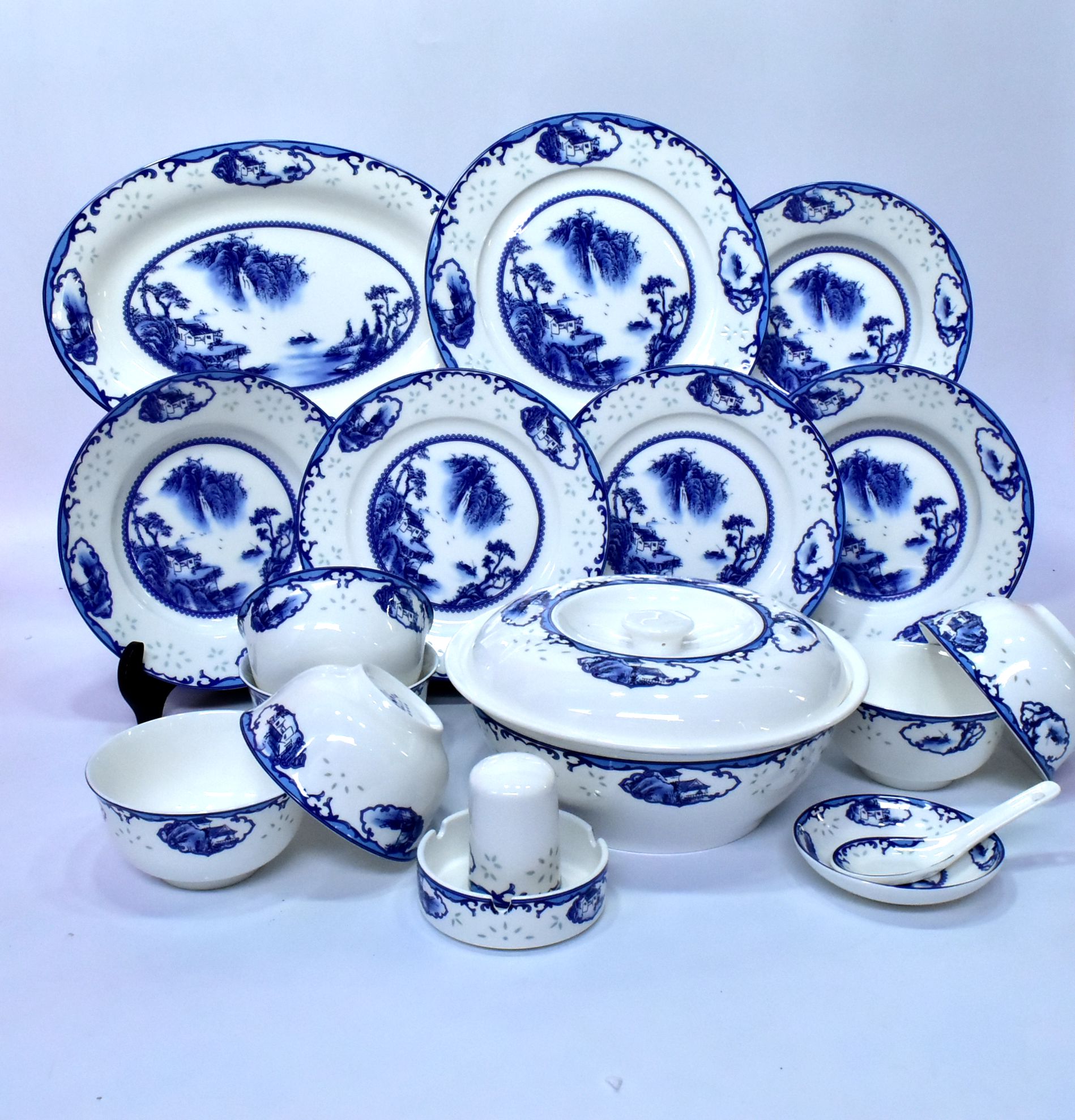 包邮景德镇陶瓷骨瓷中式餐具58头礼品套装山水瑞园碗碟盘骨质瓷