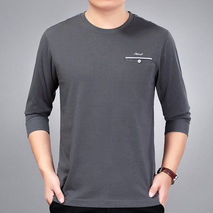 夏装男士圆领t恤中老年全棉薄款长袖体恤中年爸爸装大码父亲汗衫