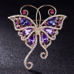 紫色水晶蝴蝶形状胸针胸花女士搭配衣服大衣领子饰品毛衣别针扣针